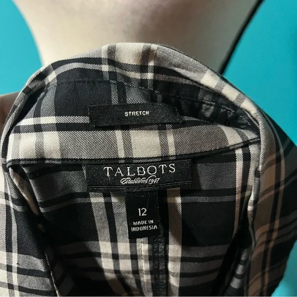 Talbots 12 Black Grey Plaid Faux Wrap Stretch Collared Long Sleeve Top - Picture 5 of 5